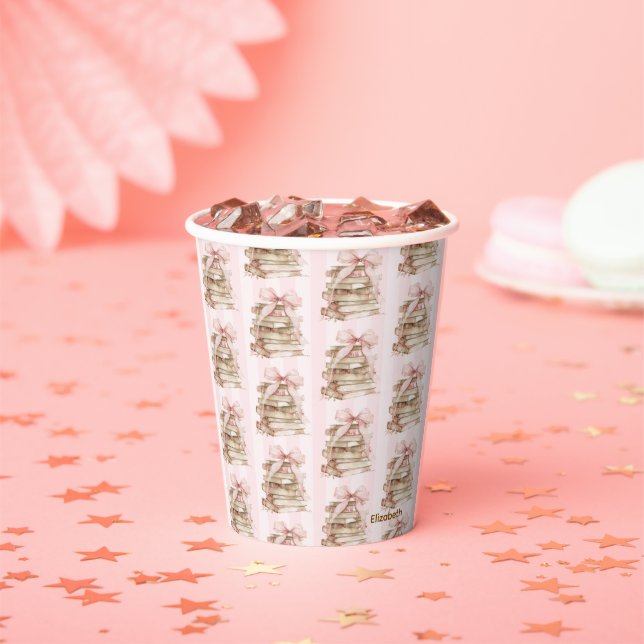 New Chapter Pink Bow Stripes Baby Shower Paper Cups (Insitu)