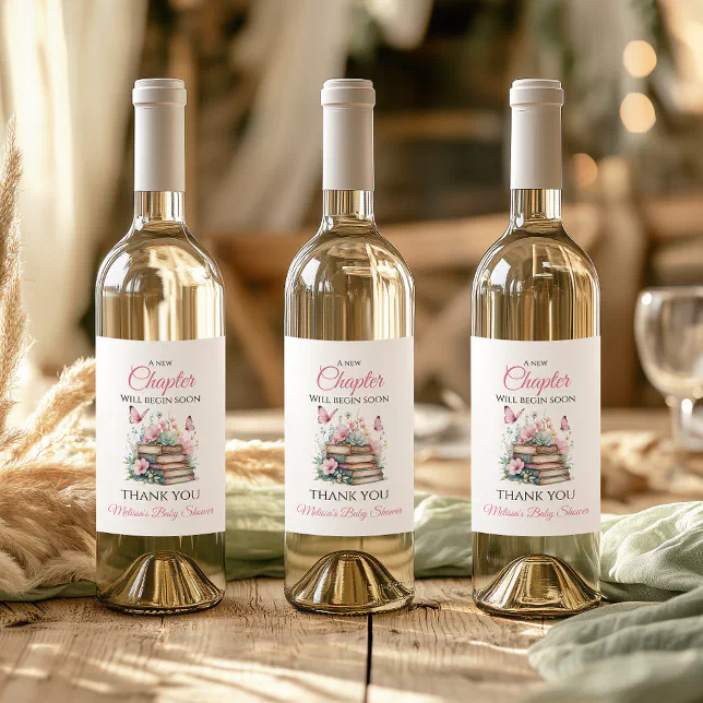 New Chapter Pink Girl Storybook Book Baby Shower Wine Label | Zazzle