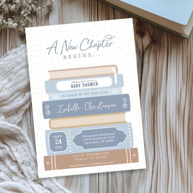 New Chapter Stacked Books Storybook Baby Shower Invitation (Shown on a 5" x 7" invitation)