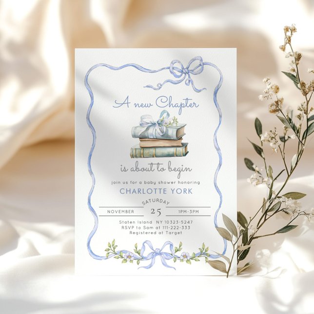 New Chapter Storybook Blue Bow Baby Shower Invitation (Creator Uploaded)