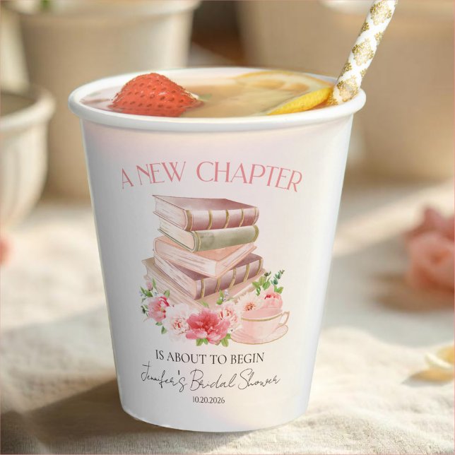 New Chapter | Tea & Books Watercolor Bridal Shower Paper Cups (Creator Uploaded)