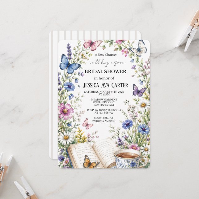 New Chapter Tea Butterflies Book Bridal Shower  Invitation (Front/Back In Situ)