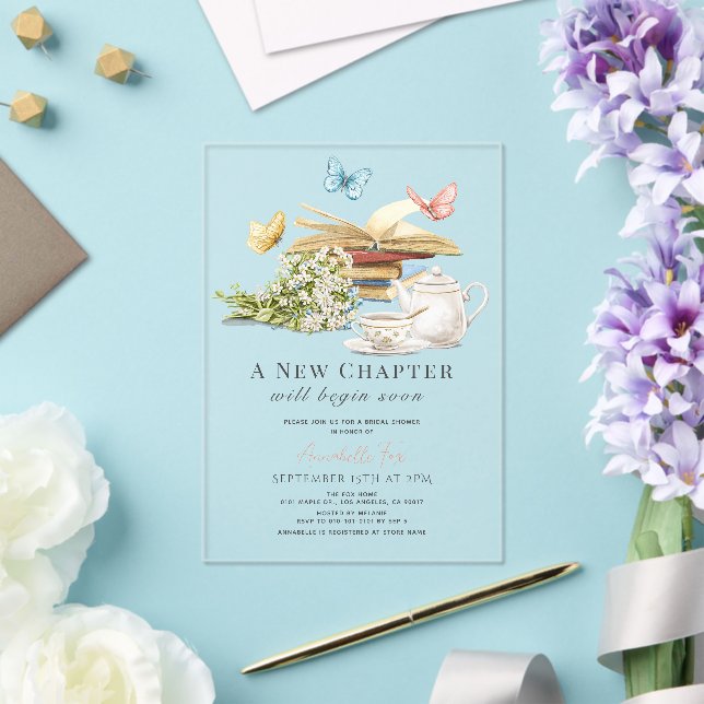 New Chapter Tea Set Butterflies Book Bridal Shower Acrylic Invitations (Insitu (Wedding))
