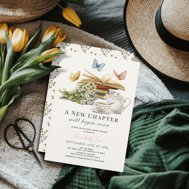 New Chapter Tea Set Butterflies Book Bridal Shower Invitation (Creator Uploaded)