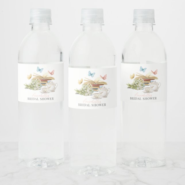 New Chapter Tea Set Butterflies Book Bridal Shower Water Bottle Label (Bottles)