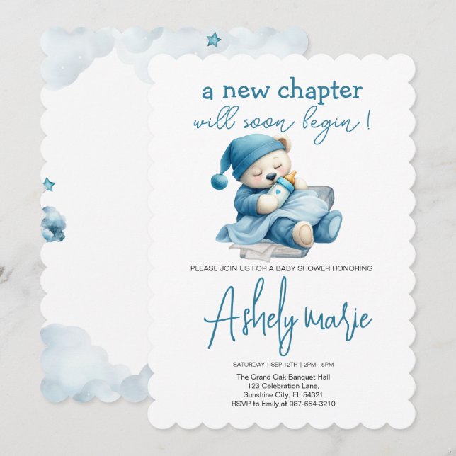 New Chapter Teddy blue boy baby shower Bear Invitation (Front/Back)