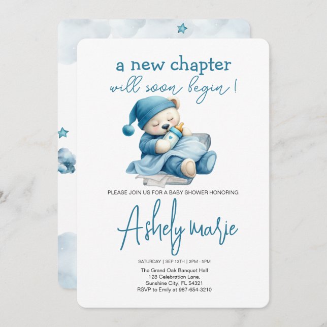 New Chapter Teddy blue boy baby shower Bear Invitation (Front/Back)