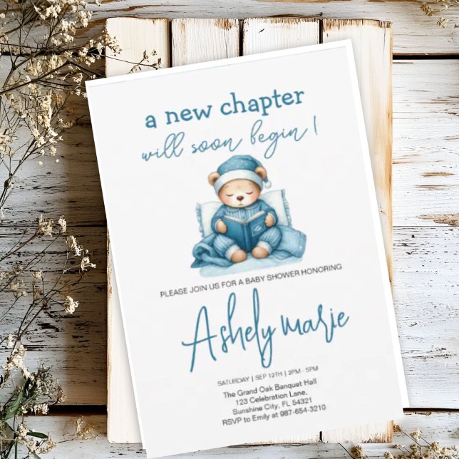 New Chapter Teddy blue boy baby shower Bear Invitation (Creator Uploaded)