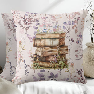 New Chapter watercolor, Stack of books wildflowers Cushion