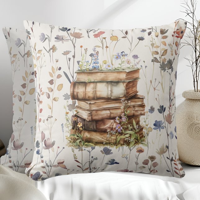 New Chapter watercolor, Stack of books wildflowers Cushion (Creator Uploaded)