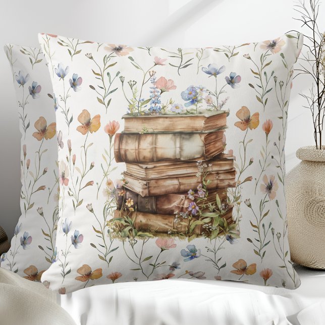 New Chapter watercolor, Stack of books wildflowers Cushion (Creator Uploaded)