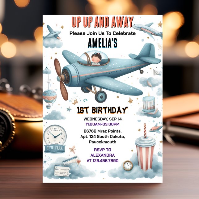 New Cloud 9 Fly Cute Sky Joy Aeroplane 1st Birthda Invitation (Creator Uploaded)