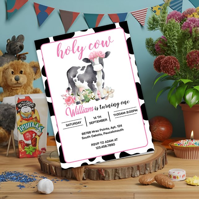 New Cute floral pink Holy Cow 1st Birthday Invitation (Creator Uploaded)