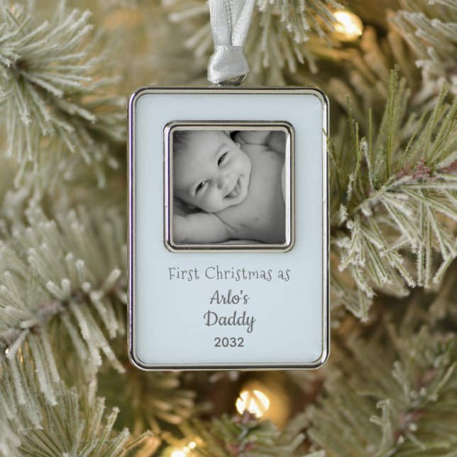 New Dad First Christmas as Daddy Baby Boy Photo Silver Plated Framed Ornament (Tree)