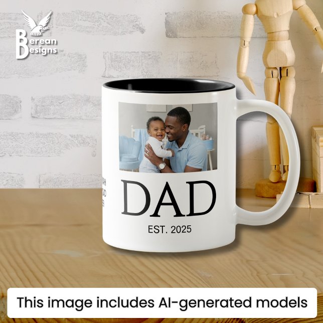 New DAD Gift Custom Text Photo DAD Established Two-Tone Coffee Mug (Stylish 11oz DAD ESTABLISHED photo mug with custom photo & personalized message. Ideal gift for dads)
