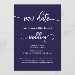New Date Postponed Wedding Announcement Navy Blue