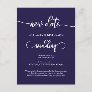 New Date Postponed Wedding Announcement Navy Blue Postcard
