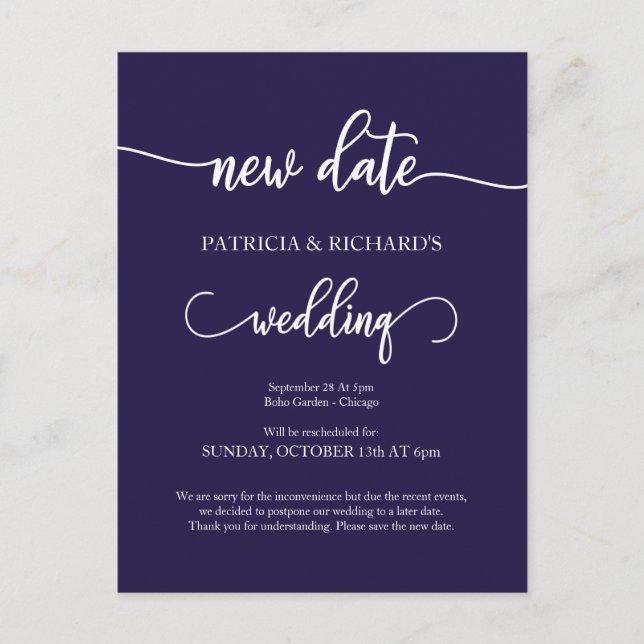 New Date Postponed Wedding Announcement Navy Blue Postcard (Front)