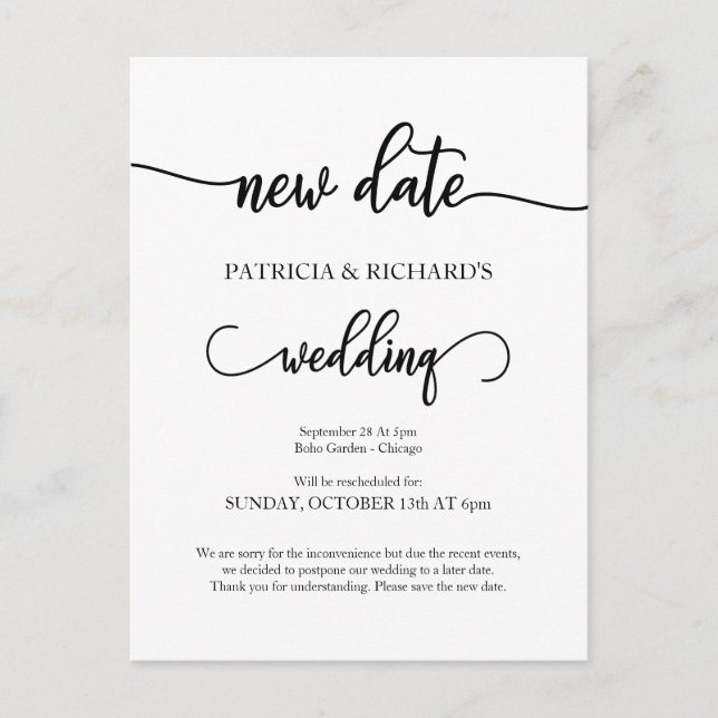 New Date Postponed Wedding Announcement Postcard (Front)