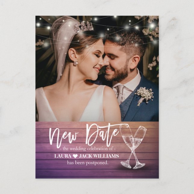 New Date Wedding Postponement Change of Plan Photo Announcement Postcard (Front)