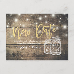 New Date Wedding Postponement Mason Jar Wood Light Announcement Postcard