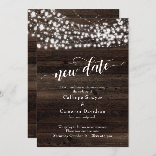 New Date Wood & Lights Postponed Wedding Card (Front/Back)
