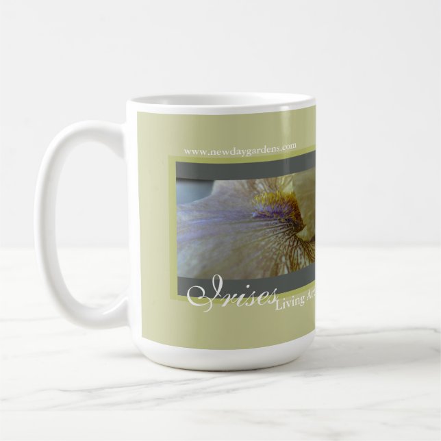 New Day Gardens Mug- Irises Living Art Coffee Mug (Left)