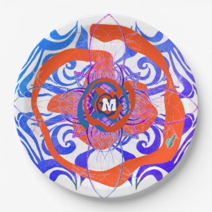 New Deco Monogram Orange Blue Rose Paper Plate