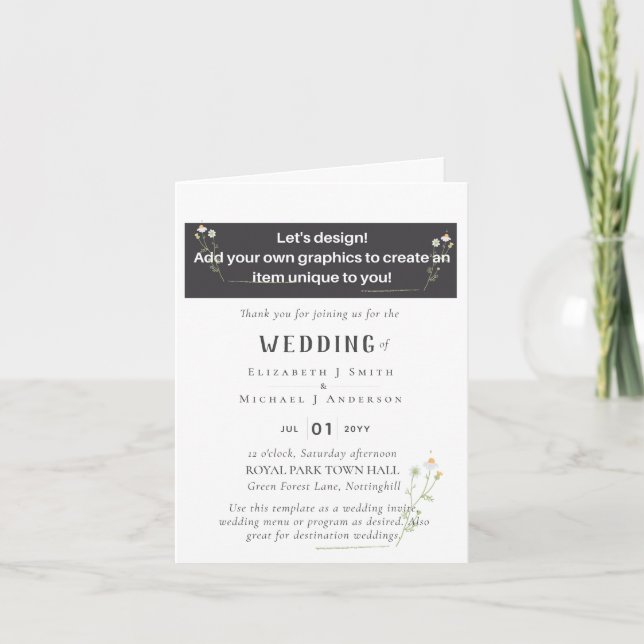 NEW! DESIGN OWN WEDDING Program, Menu, Destination Note Card (Front)