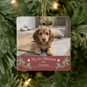 New Dog First Christmas Photo Name Year Holly Ceramic Ornament