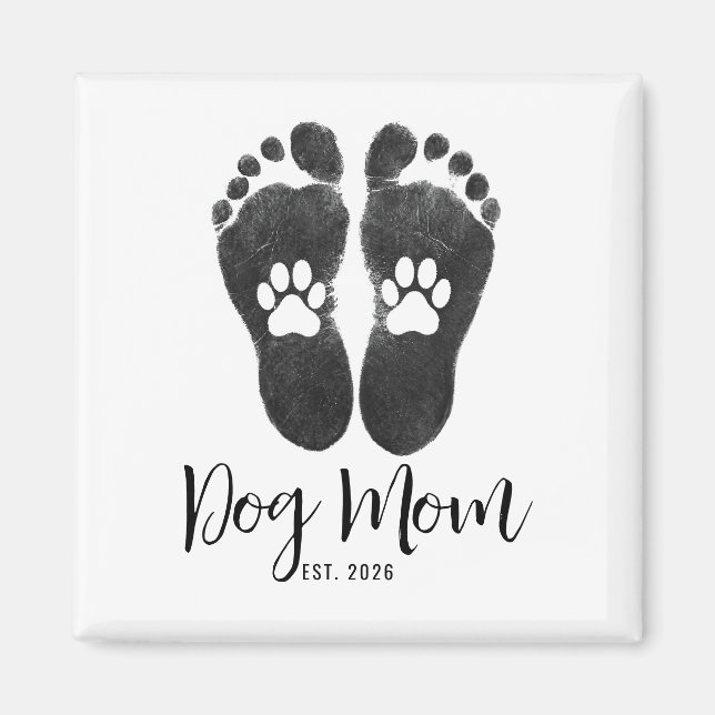 New Dog Mum Paw Prints Script Est Date Magnet (Front)