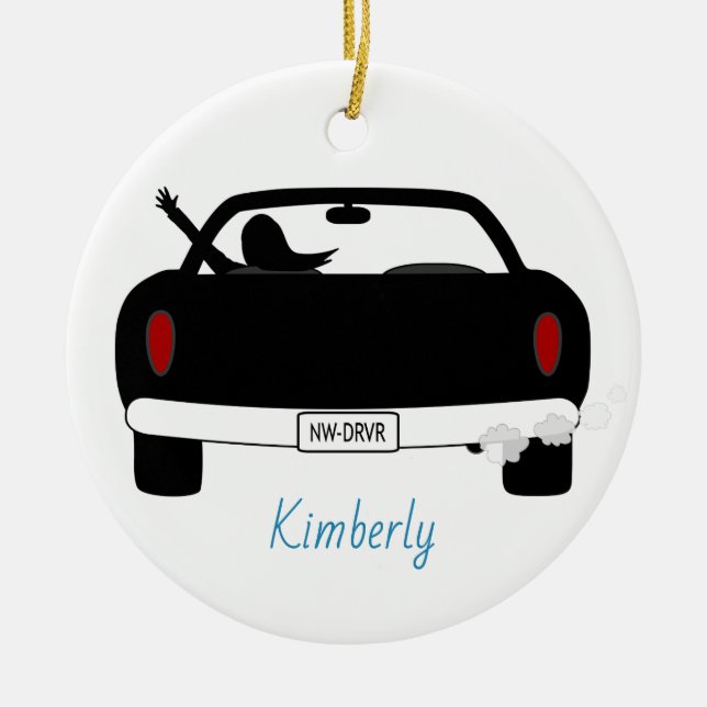 New Driver Female Blue Personalised Ceramic Tree Decoration (Front)