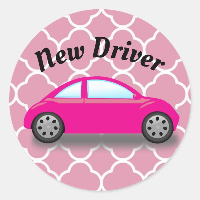 New Driver Pink Car on Pink Quatrefoil Sticker (Front)