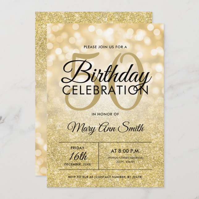 New! Elegant 50th Birthday Gold Glitter Lights  Invitation (Front/Back)
