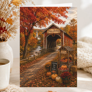 New England Autumn Covered Bridge October Birthday Card