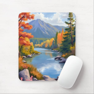 New England Autumn Fall Foliage Landscape Painting Mouse Mat