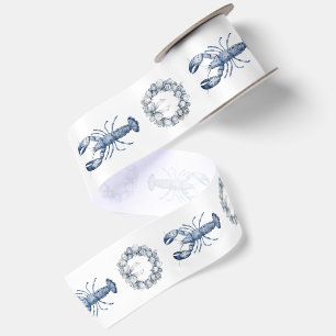 New England Blue Lobster + Oyster Shell Wreath Satin Ribbon