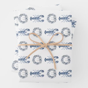 New England Blue Lobster + Oyster Shell Wreath Wrapping Paper Sheet