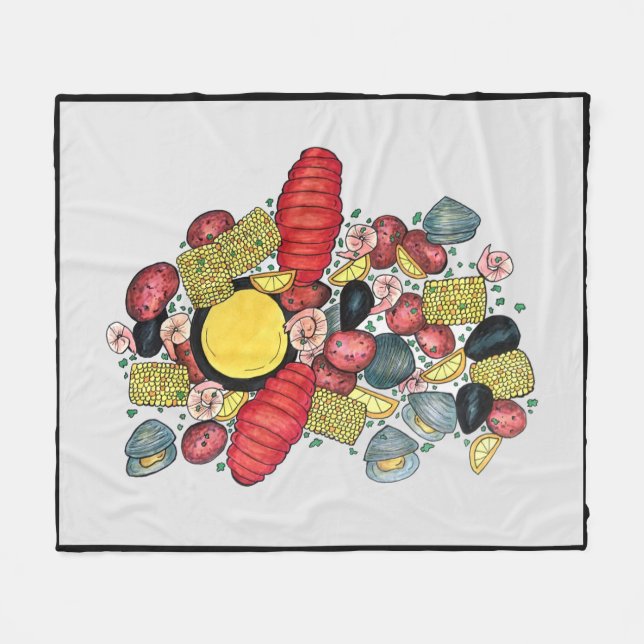 New England Clams Lobster Clambake Seafood Dinner Fleece Blanket (Front (Horizontal))