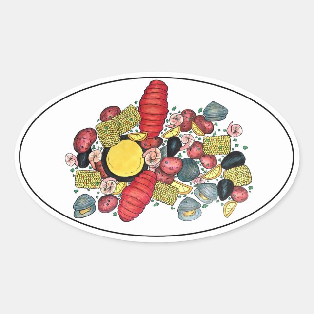 New England Clams Lobster Clambake Seafood Dinner Oval Sticker (Front)