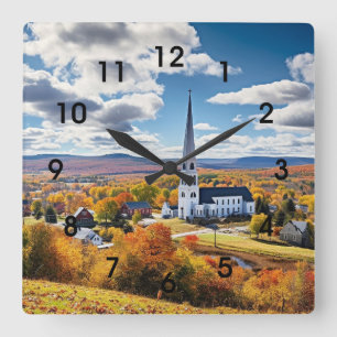 New England Landscape in Fall Square Wall Clock