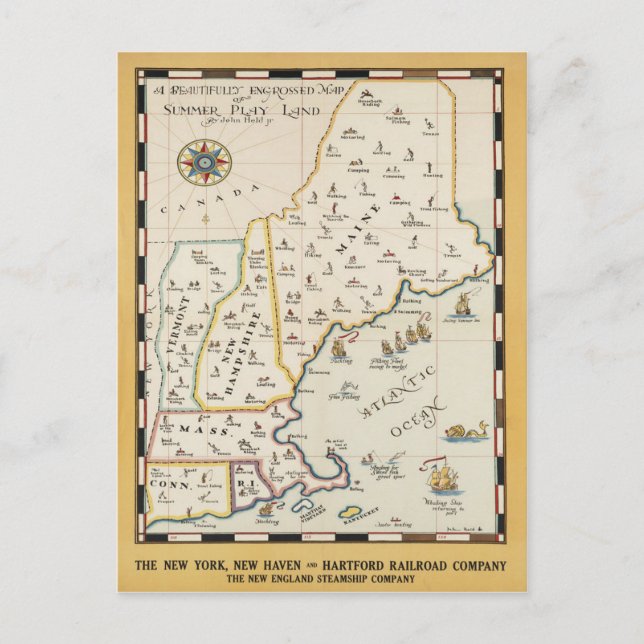 New England Map Travel Poster Postcard (Front)