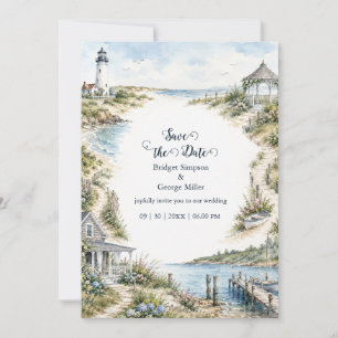 new england romantic Lighthouse coastal Wedding Invitation