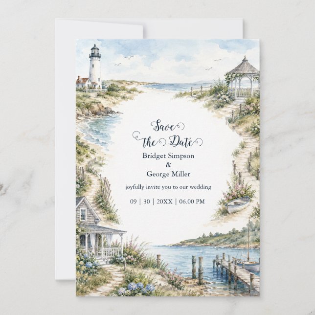 new england romantic Lighthouse coastal Wedding  Invitation (Front)