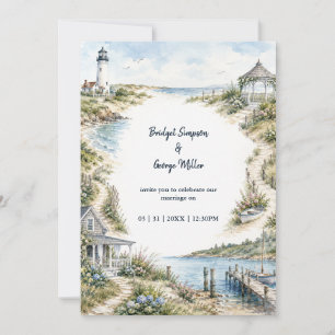 new england romantic Lighthouse coastal Wedding Invitation