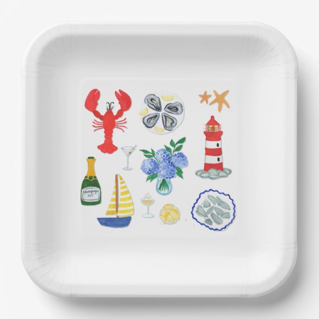 New England Seafood Themed Dinner Paper Plate (Front)