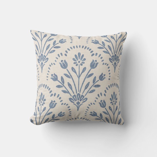 New Farmhouse Blue Floral Scallop Pattern Cushion (Front)