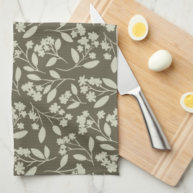New Farmhouse Floral in Sage Green Hand Drawn Tea Towel (Quarter Fold)
