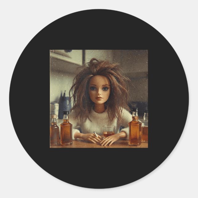 New funny distressed doll face meme  classic round sticker (Front)