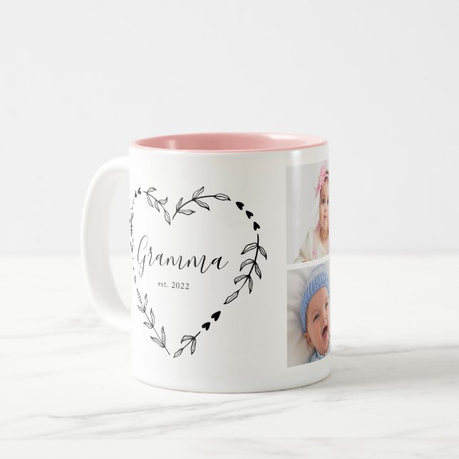 New Gramma Year Est. Four Photo Collage Two-Tone Coffee Mug (Front Left)